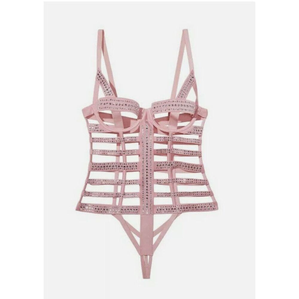 Victoria's Secret Very Sexy Rhinestone Strappy Bondage Teddy Sz M Dusk Pink